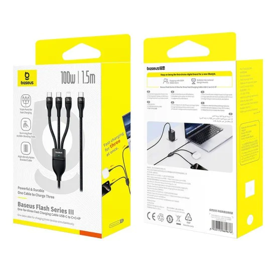 Baseus - Кабел за данни Flash Series 3 (P10377502111-00) - Бързо зареждане, USB-C към 2x USB-C, Lightning, 100W, 480Mbps, 1.5 м - Черен