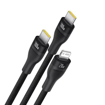 Baseus - Кабел за данни Flash Series 3 (P10377502111-00) - Бързо зареждане, USB-C към 2x USB-C, Lightning, 100W, 480Mbps, 1.5 м - Черен