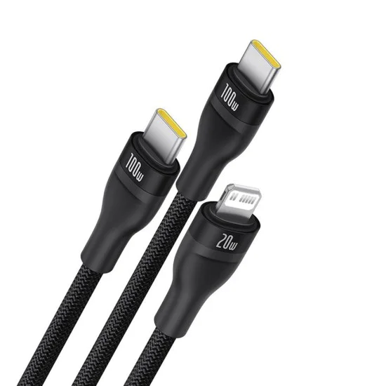 Baseus - Кабел за данни Flash Series 3 (P10377502111-00) - Бързо зареждане, USB-C към 2x USB-C, Lightning, 100W, 480Mbps, 1.5 м - Черен