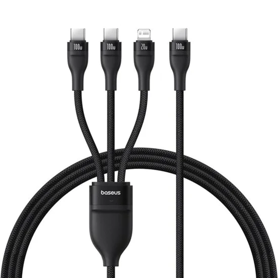 Baseus - Кабел за данни Flash Series 3 (P10377502111-00) - Бързо зареждане, USB-C към 2x USB-C, Lightning, 100W, 480Mbps, 1.5 м - Черен