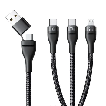 Кабел за данни Flash Series 3 (P10377501111-00) - Baseus - Бързо зареждане, USB/USB-C към Lightning/2x USB-C, 100W, 1.5м - Черно
