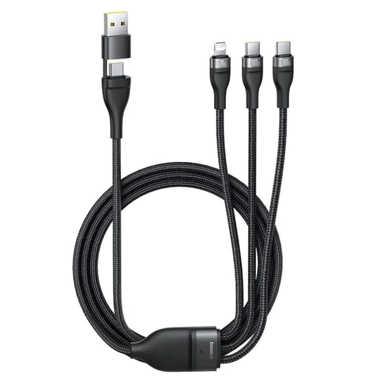 Кабел за данни Flash Series 3 (P10377501111-00) - Baseus - Бързо зареждане, USB/USB-C към Lightning/2x USB-C, 100W, 1.5м - Черно
