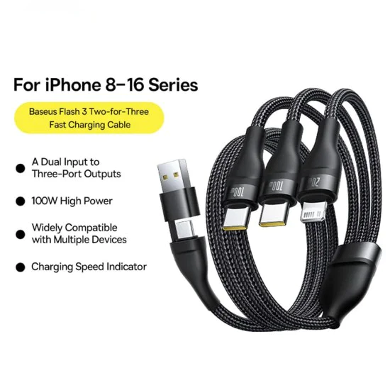 Кабел за данни Flash Series 3 (P10377501111-00) - Baseus - Бързо зареждане, USB/USB-C към Lightning/2x USB-C, 100W, 1.5м - Черно