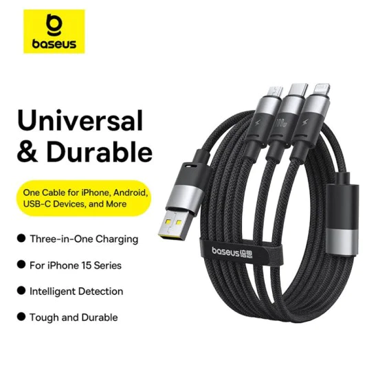 Baseus - Кабел за данни StarSpeed ​​(P10319900211-00) - Бързо зареждане, USB към Micro-USB, Type-C, Lightning, 100W, 1.5 м - Бял