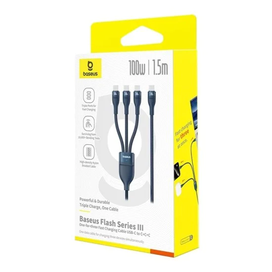 Baseus - Кабел за данни Flash Series 3 (P10377503321-00) - Бързо зареждане, USB-C към 3x Type-C, 3 в 1, PD100W, 480Mbps, 1.5 м - Син