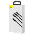 Baseus - Кабел за данни Rapid Series (CAMLT-SC01) - Бързо зареждане, 3 в 1, USB-C към Lightning, Micro-USB, USB-C, 20W, 1.5 м - Черен Baseus - Кабел за данни Rapid Series (CAMLT-SC01) - Бързо зареждане, 3 в 1, USB-C към Lightning, Micro-USB, USB-C, 20W, 1.5 м - Черен