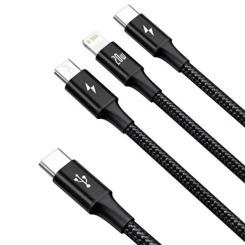 Baseus - Кабел за данни Rapid Series (CAMLT-SC01) - Бързо зареждане, 3 в 1, USB-C към Lightning, Micro-USB, USB-C, 20W, 1.5 м - Черен