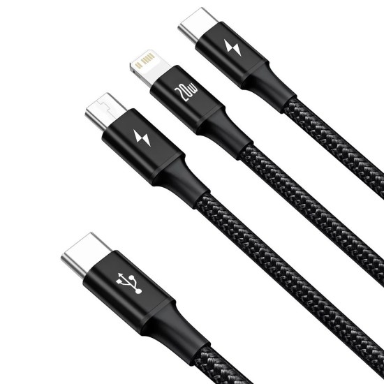 Baseus - Кабел за данни Rapid Series (CAMLT-SC01) - Бързо зареждане, 3 в 1, USB-C към Lightning, Micro-USB, USB-C, 20W, 1.5 м - Черен Baseus - Кабел за данни Rapid Series (CAMLT-SC01) - Бързо зареждане, 3 в 1, USB-C към Lightning, Micro-USB, USB-C, 20W, 1.5 м - Черен