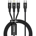 Baseus - Кабел за данни Rapid Series (CAMLT-SC01) - Бързо зареждане, 3 в 1, USB-C към Lightning, Micro-USB, USB-C, 20W, 1.5 м - Черен Baseus - Кабел за данни Rapid Series (CAMLT-SC01) - Бързо зареждане, 3 в 1, USB-C към Lightning, Micro-USB, USB-C, 20W, 1.5 м - Черен