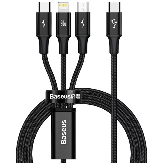Baseus - Кабел за данни Rapid Series (CAMLT-SC01) - Бързо зареждане, 3 в 1, USB-C към Lightning, Micro-USB, USB-C, 20W, 1.5 м - Черен Baseus - Кабел за данни Rapid Series (CAMLT-SC01) - Бързо зареждане, 3 в 1, USB-C към Lightning, Micro-USB, USB-C, 20W, 1.5 м - Черен