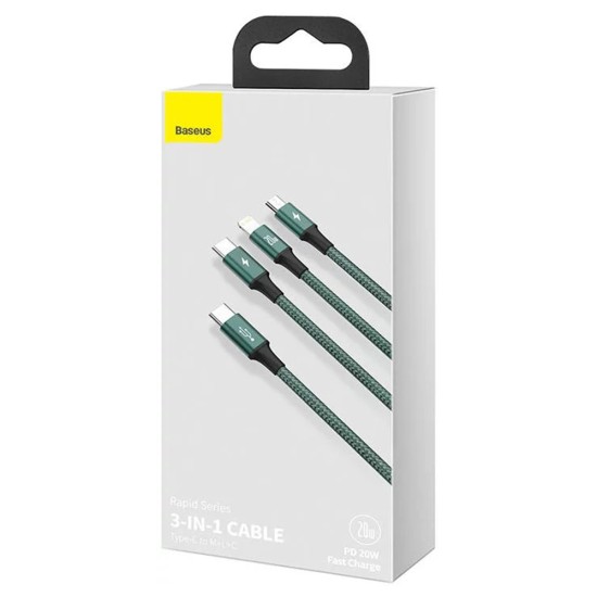 Baseus - Кабел за данни Rapid Series (CAMLT-SC06) - Бързо зареждане, 3 в 1, USB-C към Lightning, Micro-USB, USB-C, 20W, 1.5 м - Зелен