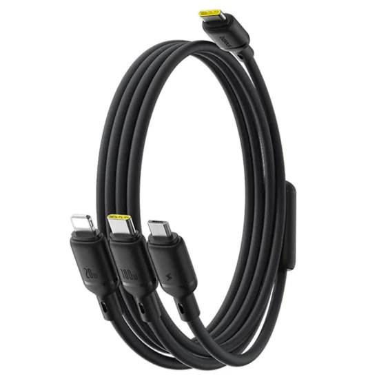 Кабел за данни Silky (P10377706123-00) - Baseus - 3в1 бързо зареждане, Type-C към Micro-USB/Lightning/USB-C, 100W, 1.5м - Космическо черно