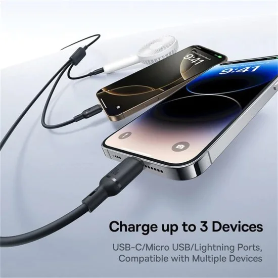 Кабел за данни Silky (P10377706123-00) - Baseus - 3в1 бързо зареждане, Type-C към Micro-USB/Lightning/USB-C, 100W, 1.5м - Космическо черно