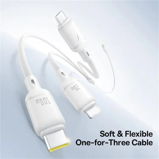 Baseus - Кабел за данни Silky (P10377706213-00) - Бързо зареждане, Type-C към Micro-USB, Lightning, USB-C, 100W, 1.5 м - Лунно бяло