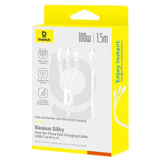 Baseus - Кабел за данни Silky (P10377706213-00) - Бързо зареждане, Type-C към Micro-USB, Lightning, USB-C, 100W, 1.5 м - Лунно бяло
