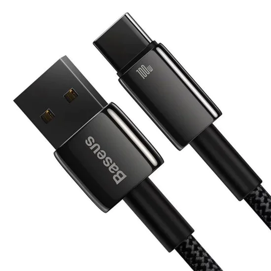 Baseus - Кабел за данни Tungsten Gold (CAWJ000101) - USB към Type-C, Супер бързо зареждане, 100W, 480Mbps, 2 м - Черен