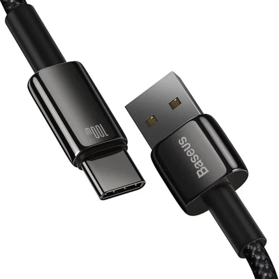 Baseus - Кабел за данни Tungsten Gold (CAWJ000101) - USB към Type-C, Супер бързо зареждане, 100W, 480Mbps, 2 м - Черен