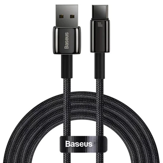 Baseus - Кабел за данни Tungsten Gold (CAWJ000101) - USB към Type-C, Супер бързо зареждане, 100W, 480Mbps, 2 м - Черен
