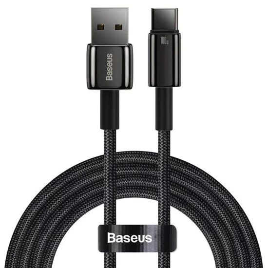 Baseus - Кабел за данни Tungsten Gold (CAWJ000001) - USB към Type-C, Супер бързо зареждане, 100W, 480Mbps, 1m - Черен