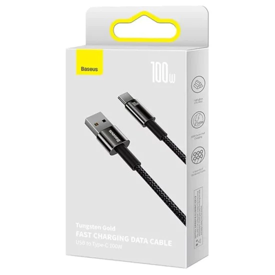 Baseus - Кабел за данни Tungsten Gold (CAWJ000001) - USB към Type-C, Супер бързо зареждане, 100W, 480Mbps, 1m - Черен