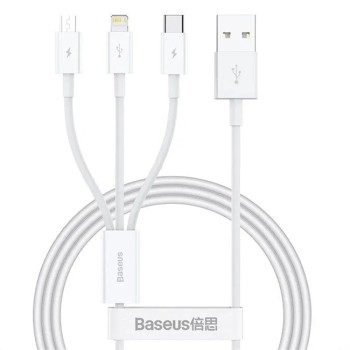 Baseus - Кабел за данни (P10377705213-00) - Бързо зареждане, USB към USB-C, Lightning, Micro-USB, 100W, 480Mbps, 1.5 м - Бял