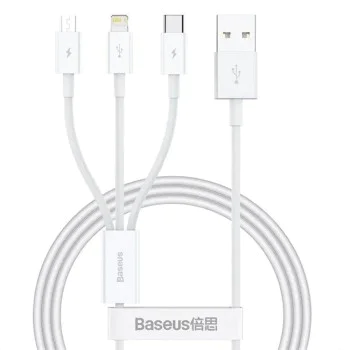 Baseus - Кабел за данни (P10377705213-00) - Бързо зареждане, USB към USB-C, Lightning, Micro-USB, 100W, 480Mbps, 1.5 м - Бял