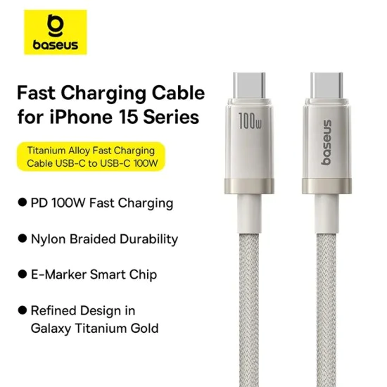 Baseus - Кабел за данни (P10378100G21-00) - Type-C, Бързо зареждане, PD100W, 480Mbps, E-Mark Smart Chip, 1 м - Galaxy Titanium Gold
