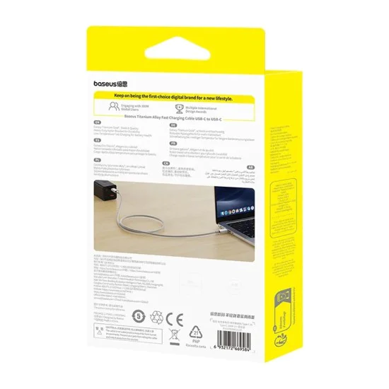 Baseus - Кабел за данни (P10378100G21-00) - Type-C, Бързо зареждане, PD100W, 480Mbps, E-Mark Smart Chip, 1 м - Galaxy Titanium Gold