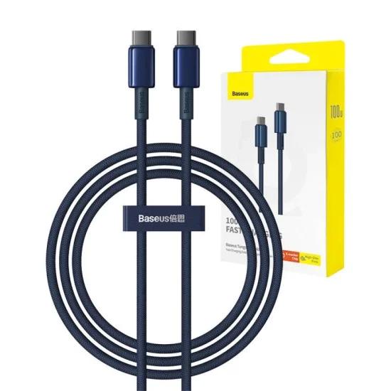 Baseus - Кабел за данни Tungsten Gold (P10319800321-04) - Type-C към Type-C, Супер бързо зареждане, 100W, 480Mbps, 2 м - Тъмносин
