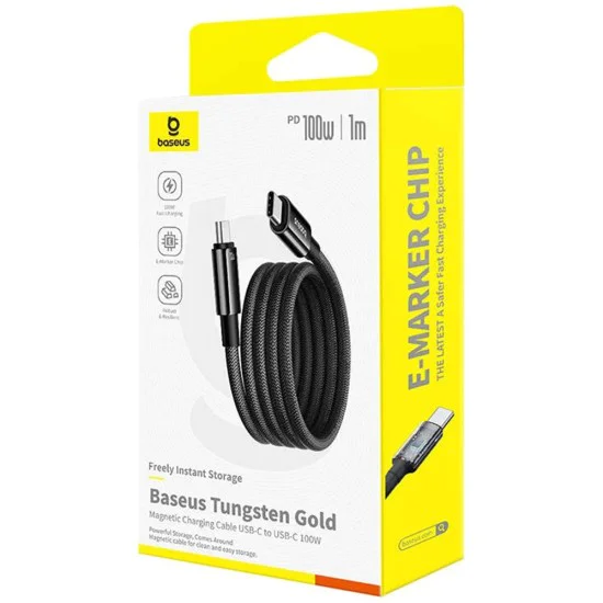 Baseus - Кабел за данни Tungsten Gold (P10319805111-00) - Type-C към Type-C, Супер бързо зареждане, 100W, 480Mbps, 1m - Черен