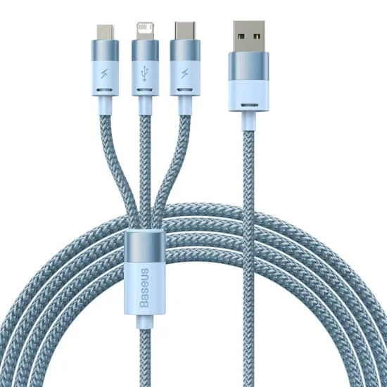 Baseus - Кабел за данни StarSpeed ​​(CAXS000017) - Бързо зареждане, USB към Lightning, Micro-USB, USB-C, 20W, 5V/3.5A, 1.2 м - Син