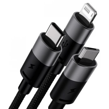 Baseus - Кабел за данни StarSpeed ​​(CAXS000001) - Бързо зареждане, USB към Lightning, Micro-USB, USB-C, 20W, 5V/3.5A, 1.2 м - Черен