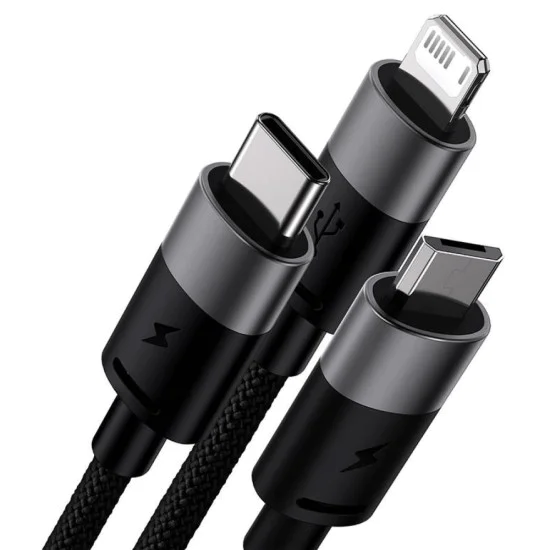 Baseus - Кабел за данни StarSpeed ​​(CAXS000001) - Бързо зареждане, USB към Lightning, Micro-USB, USB-C, 20W, 5V/3.5A, 1.2 м - Черен