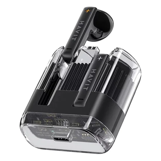 Havit - Безжични слушалки (TW981) - Type-C, Bluetooth 5.3, TWS, микрофон, прозрачен корпус, 13 мм драйвери, 300 mAh - Черни