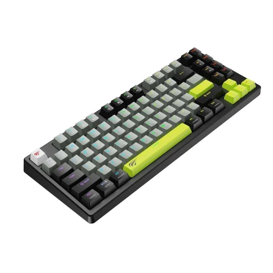 Havit - Геймърска клавиатура (KB904L) - за видеоигри, USB, RGB светлини, 85 клавиша, бързо задействане, 1.8 м, 5V, 8kHz - черна / зелена