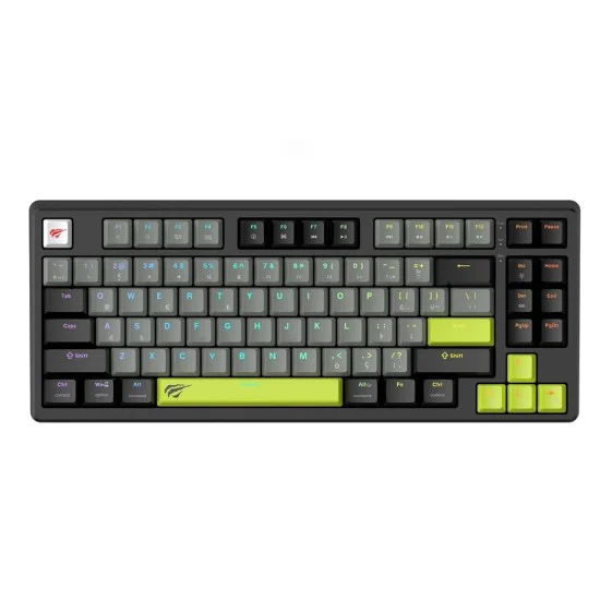 Havit - Геймърска клавиатура (KB904L) - за видеоигри, USB, RGB светлини, 85 клавиша, бързо задействане, 1.8 м, 5V, 8kHz - черна / зелена