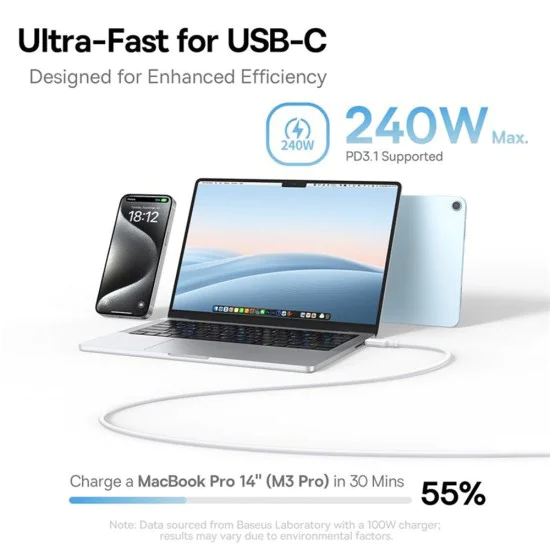 Baseus - Кабел за данни PicoGo (P10376800311-00) - Магнитен, Type-C към Type-C, 240W, Бързо зареждане, 480Mbps, Силиконов, 1 м - Син