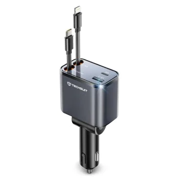 Techsuit - Премиум зарядно за кола NanoVoltX (C1) - с прибиращи се USB-C, Lightning кабели, USB 2.4A, PD30W, 69W, 180° - Сив