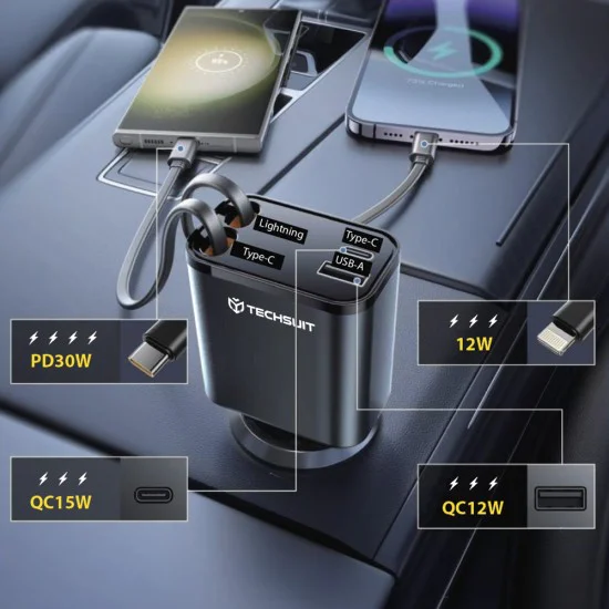 Techsuit - Премиум зарядно за кола NanoVoltX (C1) - с прибиращи се USB-C, Lightning кабели, USB 2.4A, PD30W, 69W, 180° - Сив