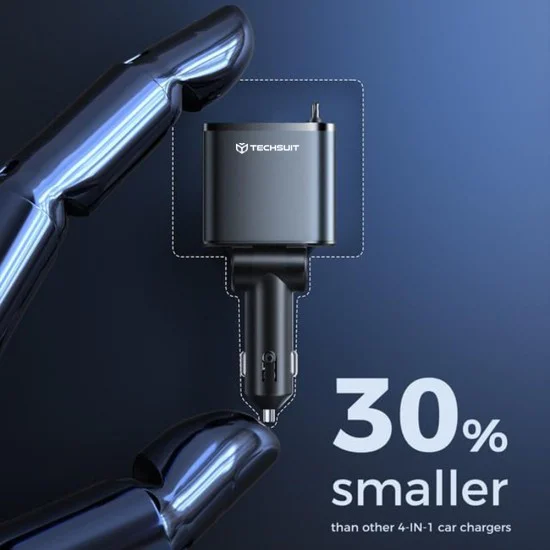 Techsuit - Премиум зарядно за кола NanoVoltX (C1) - с прибиращи се USB-C, Lightning кабели, USB 2.4A, PD30W, 69W, 180° - Сив