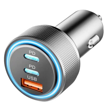 Techsuit - Премиум зарядно за кола DriveBoost (C6) - Бързо зареждане, LED светлина, USB, 2x Type-C 60W, 5V/3A, Алуминиева сплав - Сребристо