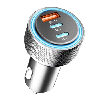 Techsuit - Премиум зарядно за кола DriveBoost (C6) - Бързо зареждане, LED светлина, USB, 2x Type-C 60W, 5V/3A, Алуминиева сплав - Сребристо