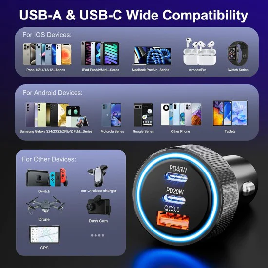 Techsuit - Премиум зарядно за кола DriveBoost (C6) - Бързо зареждане, LED светлина, USB, 2x Type-C 60W, 5V/3A, Алуминиева сплав - Сребристо