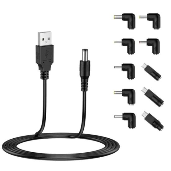 Techsuit - (11 броя) Кабел-адаптер ChargeNest (AC21) - USB към 7x DC Barrel, жак адаптер, Type-C, Mini-USB, Micro-USB - Черен