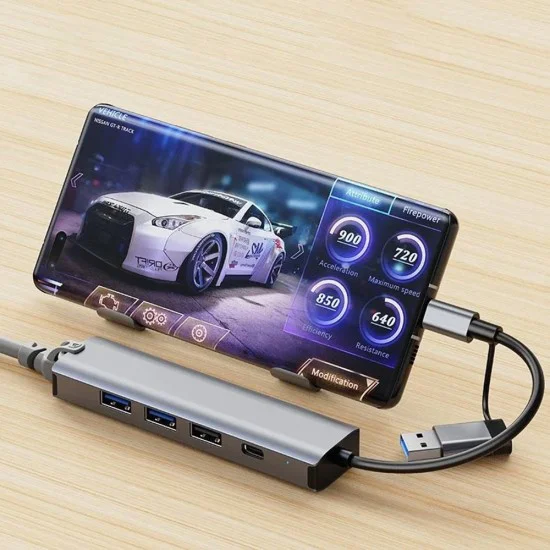 Techsuit - Докинг станция BoostNetLink 5в2 (H3) - USB, Type-C към 3x USB, 1x USB-C, Ethernet RJ45, 1000Mbps - Сив