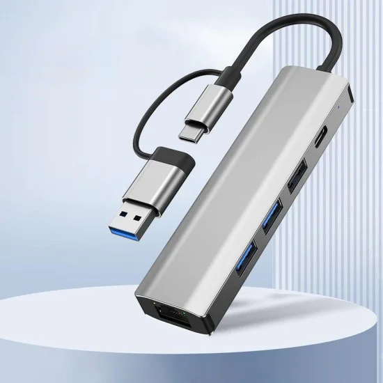 Techsuit - Докинг станция BoostNetLink 5в2 (H3) - USB, Type-C към 3x USB, 1x USB-C, Ethernet RJ45, 1000Mbps - Сив