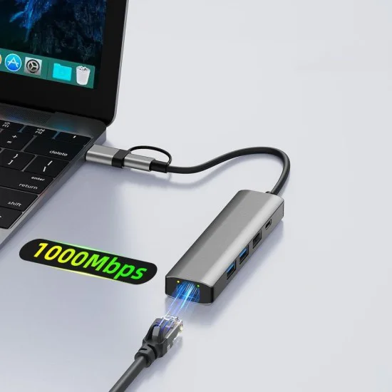 Techsuit - Докинг станция BoostNetLink 5в2 (H3) - USB, Type-C към 3x USB, 1x USB-C, Ethernet RJ45, 1000Mbps - Сив