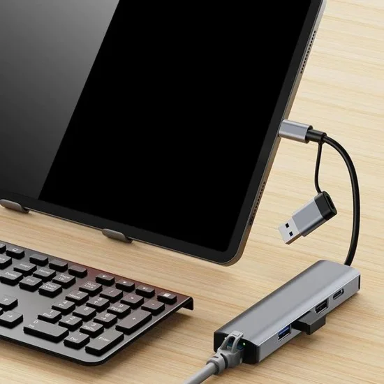 Techsuit - Докинг станция BoostNetLink 5в2 (H3) - USB, Type-C към 3x USB, 1x USB-C, Ethernet RJ45, 1000Mbps - Сив