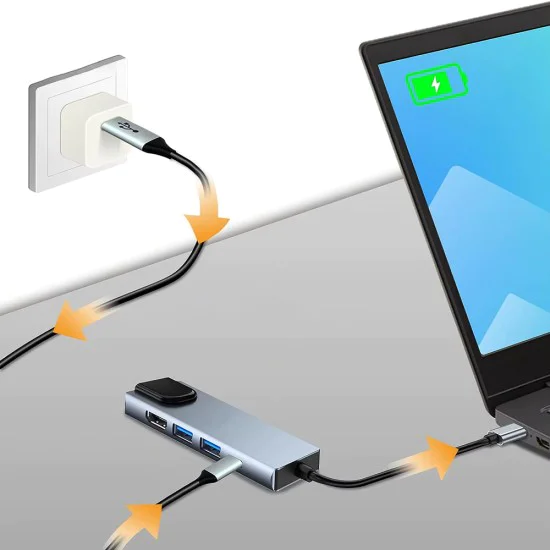 Techsuit - Докинг станция NetBridge 5 в 1 (H1) - Type-C към 1x USB2.0, 1x USB3.0, 1x Type-C, 1x HDMI, 1x RJ45, PD87W, 4K@30Hz - Сив