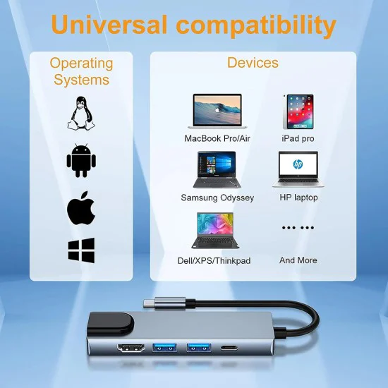 Techsuit - Докинг станция NetBridge 5 в 1 (H1) - Type-C към 1x USB2.0, 1x USB3.0, 1x Type-C, 1x HDMI, 1x RJ45, PD87W, 4K@30Hz - Сив